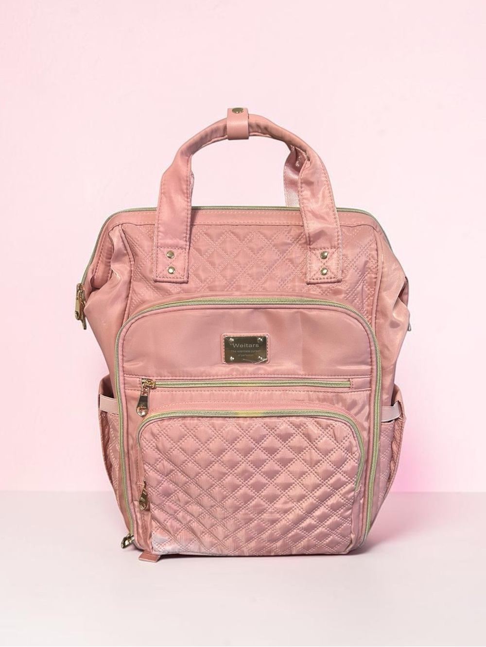 Weitars Pink Quilted Diaper Bag Backpack Large Multi-Pocket Baby Travel Bag.